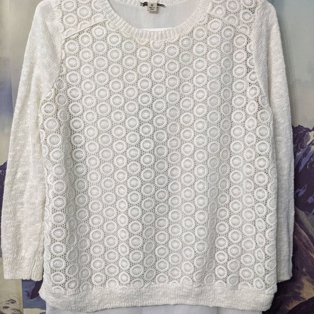 Lucky White Lace Layered Blouse Split Back with Buttons Size Medium